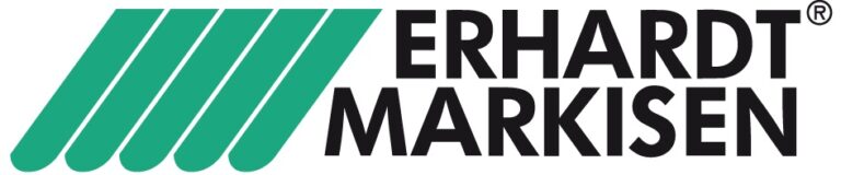 Logo von Erhardt Markisen mit gruenen Streifen und schwarzem Schriftzug