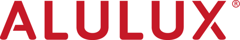 Rotes ALULUX Logo in Grossbuchstaben mit einem Markenzeichen Symbol